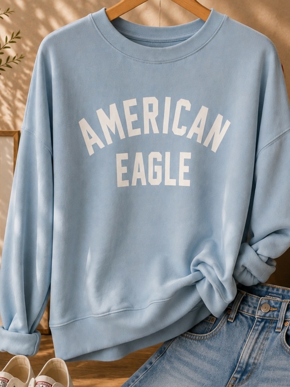 American Eagle Outfitters Light Blue Crewneck with White Logo
